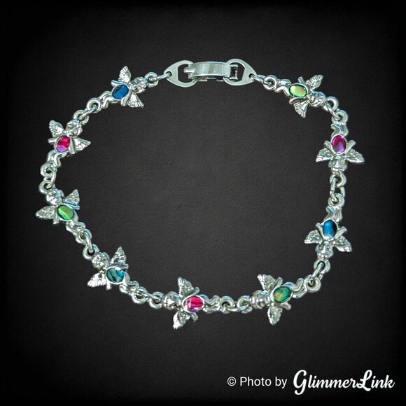 Multicolor Cherub Links Inlay Shell Silver Tone Bracelet - Picture 1 of 7